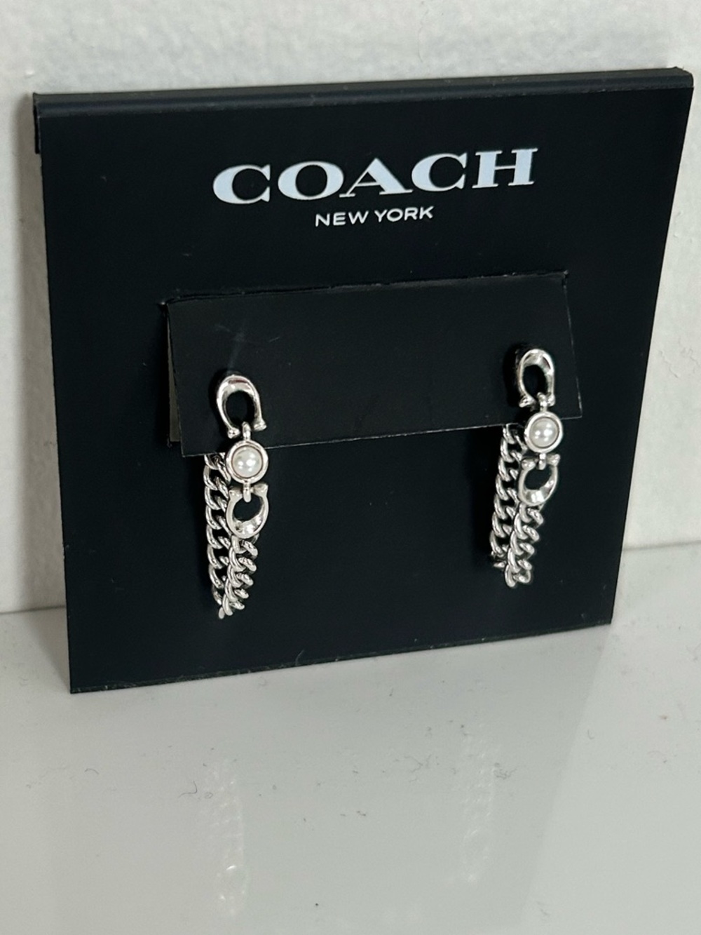 COACH Silver Tone Chain Drop Earrings with Pearl Accent - BRAND NEW WITH POUCH